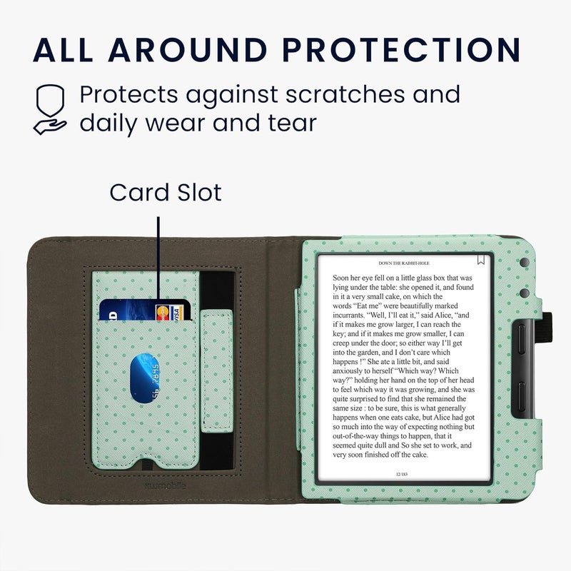 kwmobile Case Compatible with Kobo Libra Colour - Case PU Leather Cover with Magnet Closure, Stand, Strap, Card Slot - Sleeping Owl Turquoise/Brown/Mint - Image 4